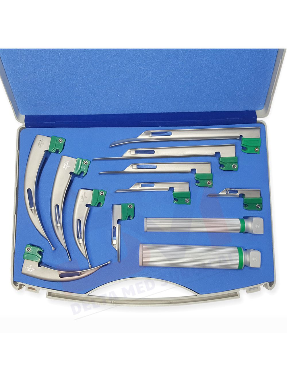 FIBER OPTIC MACINTOSH & MILLER COMBO LARYNGOSCOPE SET 10 BLADES 2 HANDLES